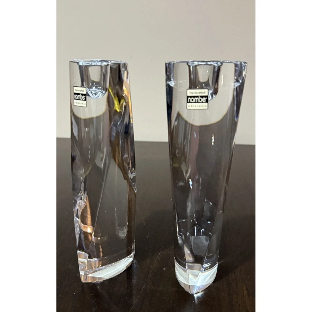 Nambe Crystal #5111 Taper Candle Holders Set of 2 Modern Sculptural Design